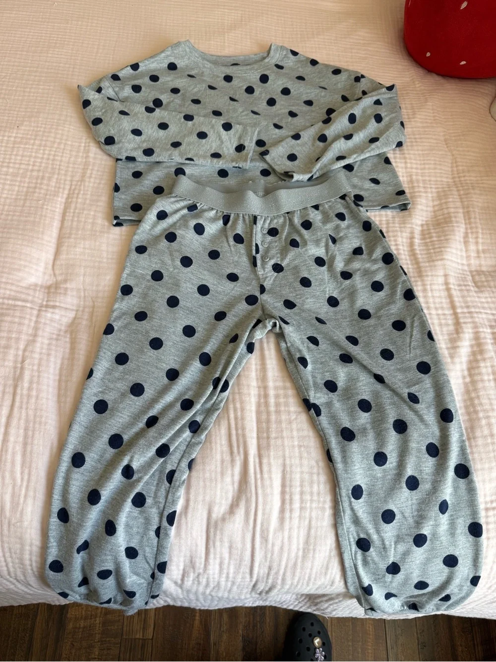 GAP Grey Pajama Set with Navy Polka Dots